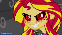 Size: 1388x783 | Tagged: safe, artist:streetgames, edit, edited screencap, screencap, sunset shimmer, human, equestria girls, g4, my little pony equestria girls, .exe, black sclera, bleeding eyes, blood, clothes, crying, evil, fangs, female, looking at you, red eyes, red pupils, sharp teeth, smiling, smiling at you, tears of blood, teeth, text, zalgo