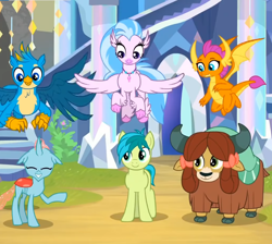 Size: 850x762 | Tagged: safe, screencap, gallus, ocellus, sandbar, silverstream, smolder, yona, changedling, changeling, classical hippogriff, dragon, earth pony, griffon, hippogriff, pony, yak, g4, uprooted, bow, cloven hooves, colored hooves, cropped, cute, diaocelles, diastreamies, dragoness, eyes closed, female, gallabetes, hair bow, jewelry, male, monkey swings, necklace, sandabetes, smolderbetes, student six, treehouse of harmony, yonadorable