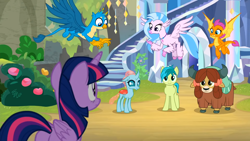 Size: 1600x900 | Tagged: safe, screencap, gallus, ocellus, sandbar, silverstream, smolder, twilight sparkle, yona, alicorn, changedling, changeling, classical hippogriff, dragon, earth pony, griffon, hippogriff, pony, yak, g4, uprooted, bow, butt, cloven hooves, colored hooves, cute, diaocelles, diastreamies, dragoness, female, gallabetes, hair bow, jewelry, male, monkey swings, necklace, plot, sandabetes, smolderbetes, student six, treehouse of harmony, twilight sparkle (alicorn), yonadorable
