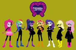 Size: 613x404 | Tagged: safe, artist:streetgames, applejack, fluttershy, pinkie pie, rainbow dash, rarity, sci-twi, sunset shimmer, twilight sparkle, butterfly, human, equestria girls, g4, applejack's hat, boots, clothes, cowboy hat, dc comics, eqg promo pose set, equestria girls logo, eyeshadow, female, glasses, gloves, green lantern, hat, heart, humane five, humane seven, humane six, makeup, mask, multicolored hair, ponytail, rainbow hair, shoes, skirt, text