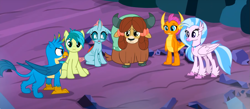 Size: 1505x657 | Tagged: safe, screencap, gallus, ocellus, sandbar, silverstream, smolder, yona, changedling, changeling, classical hippogriff, dragon, earth pony, griffon, hippogriff, pony, yak, g4, uprooted, bow, cloven hooves, colored hooves, cropped, cute, diaocelles, diastreamies, dragoness, female, gallabetes, hair bow, jewelry, male, monkey swings, necklace, sandabetes, smolderbetes, student six, yonadorable