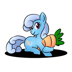 Size: 1280x1280 | Tagged: safe, artist:akissonyourpinky, linky, shoeshine, earth pony, pony, g4, carrot, female, food, lying down, mare, prone, shadow, simple background, smiling, white background