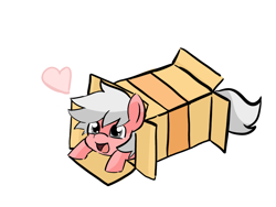 Size: 1024x768 | Tagged: safe, artist:akissonyourpinky, oc, oc only, oc:paracetamol, earth pony, pony, box, cardboard box, cute, female, heart, lying down, mare, ponies sliding into a box, prone, simple background, white background