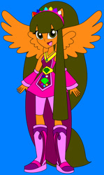Size: 1871x3140 | Tagged: safe, artist:hannahbro, oc, oc only, human, equestria girls, g4, blue background, boots, cowboy boots, crystal guardian, high heel boots, humanized, shoes, simple background, solo, winged humanization, wings