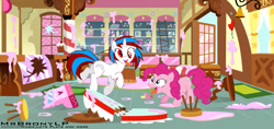 Size: 1303x613 | Tagged: safe, artist:generalfratze, pinkie pie, oc, oc:mrbronylp, earth pony, pony, unicorn, g4, butt, cupcake, derp, female, food, frosting, heart, horn, horseshoes, mare, messy, plot, silly, silly pony, smiling, stool, sugarcube corner, table, tongue out