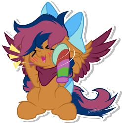Size: 1197x1211 | Tagged: safe, artist:jhayarr23, artist:sherathoz, oc, oc only, oc:solar comet, pegasus, pony, ><, blushing, bow, clothes, commission, disguised changedling, eyes closed, hair bow, male, simple background, sitting, socks, solo, squee, striped socks, transparent background