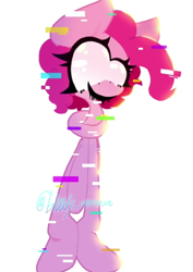 Size: 496x699 | Tagged: safe, artist:bl00dyn0s3, pinkie pie, earth pony, pony, g4, corrupted, creepy, elastic, error, female, glitch, gomu gomu no mi, mare, pibby, signature, simple background, smiling, speedpaint available, white background