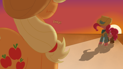 Size: 3840x2160 | Tagged: safe, artist:legendoflink, applejack, pinkie pie, earth pony, pony, applebetes, clothes, cowboy hat, cute, diapinkes, duo, duo female, female, from behind, hat, high res, oversized hat, showdown, snickering, sundown