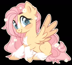 Size: 1277x1161 | Tagged: safe, artist:kreedie, fluttershy, pegasus, pony, g4, black background, blaze (coat marking), blush sticker, blushing, chest fluff, coat markings, colored eyebrows, colored hooves, colored wings, cute, ear fluff, facial markings, female, flower, flower in hair, flower in tail, full body, hoof fluff, looking at you, mare, missing cutie mark, outline, pale belly, raised hoof, redesign, simple background, sitting, smiling, smiling at you, socks (coat markings), solo, spread wings, stray strand, tail, two toned wings, unshorn fetlocks, white outline, wings