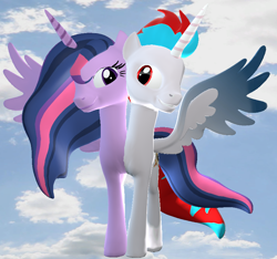 Size: 820x766 | Tagged: safe, artist:dracoecpilse, twilight sparkle, oc, oc:solar eclipse, alicorn, pony, g4, 3d, cloud, conjoined, conjoined twins, day, duo, female, light skin, looking at you, male, mare, purple skin, sky, sky background, twilight sparkle (alicorn)