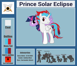 Size: 3272x2830 | Tagged: artist needed, safe, twilight sparkle, oc, oc:solar eclipse, alicorn, pony, g4, blue mane, conjoined, conjoined twins, cyan mane, duo, female, high res, light skin, male, mare, purple eyes, purple skin, red eyes, red mane, twilight sparkle (alicorn)