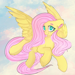 Size: 2900x2900 | Tagged: safe, artist:kittenwfody, fluttershy, pegasus, pony, g4, beanbrows, cheek fluff, colored ear fluff, cute, ear fluff, elbow fluff, eyebrows, female, flying, high res, looking at you, mare, outdoors, shyabetes, sky background, smiling, smiling at you, solo, spread wings, turned head, wings