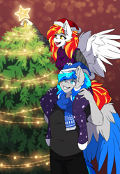 Size: 2335x3387 | Tagged: safe, artist:arctic-fox, oc, oc only, oc:diamond sun, oc:hawker hurricane, pegasus, anthro, unguligrade anthro, anthro oc, christmas, christmas tree, clothes, colored wings, duo, eyebrows, eyebrows visible through hair, featured image, female, grin, hat, hawkmond, high res, holiday, male, mare, open mouth, open smile, pegasus oc, santa hat, scarf, shoulder ride, smiling, stallion, tree, two toned wings, wings