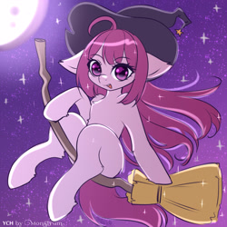 Size: 3000x3000 | Tagged: safe, artist:monstrum, earth pony, pony, semi-anthro, arm hooves, auction, auction open, broom, commission, cute, female, flying, flying broomstick, halloween, hat, high res, holiday, human shoulders, mare, moon, solo, witch, witch hat, ych sketch, your character here