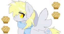 Size: 4096x2231 | Tagged: safe, artist:_snowpup, derpy hooves, pegasus, pony, g4, clothes, cute, food, ms paint, muffin, no pupils, scarf, simple background, solo, spread wings, white background, wings
