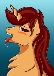 Size: 2894x4093 | Tagged: safe, artist:palettenight, oc, oc only, oc:palettenight, pony, unicorn, blushing, brown eyes, brown hair, bust, female, horn, horny, looking at you, portrait, solo, teeth, tongue out