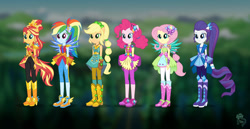 Size: 1920x987 | Tagged: safe, artist:madisontuff, screencap, applejack, fluttershy, pinkie pie, rainbow dash, rarity, sunset shimmer, equestria girls, g4, my little pony equestria girls: legend of everfree, boots, clothes, concept art, cowboy boots, crystal guardian, high heel boots, humane five, jeans, leggings, pants, ponied up, shoes, skirt