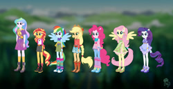 Size: 1920x987 | Tagged: safe, artist:madisontuff, applejack, fluttershy, pinkie pie, princess celestia, principal celestia, rainbow dash, rarity, sunset shimmer, human, equestria girls, g4, my little pony equestria girls: legend of everfree, bare shoulders, camp everfree outfits, clothes, concept art, ponied up, sleeveless, tank top