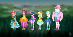 Size: 1920x987 | Tagged: safe, artist:madisontuff, bon bon, bulk biceps, derpy hooves, gloriosa daisy, lyra heartstrings, sunset shimmer, sweetie drops, human, equestria girls, g4, my little pony equestria girls: legend of everfree, bare shoulders, bloomers, bowtie, clothes, concept art, crystal gala dress, hat, sleeveless, strapless, top hat, tuxedo