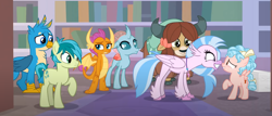Size: 1511x646 | Tagged: safe, screencap, cozy glow, gallus, ocellus, sandbar, silverstream, smolder, yona, changedling, changeling, classical hippogriff, dragon, earth pony, griffon, hippogriff, pegasus, pony, yak, g4, what lies beneath, bow, cloven hooves, colored hooves, cropped, dragoness, female, filly, foal, hair bow, jewelry, male, monkey swings, necklace, student six, teenager, tired