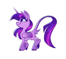 Size: 1200x1077 | Tagged: safe, artist:probablyfakeblonde, twilight sparkle, alicorn, pony, g4, butt, colored wings, colored wingtips, eyebrows, eyebrows visible through hair, female, leonine tail, mare, plot, simple background, smiling, solo, tail, twibutt, twilight sparkle (alicorn), white background, winged hooves, wings