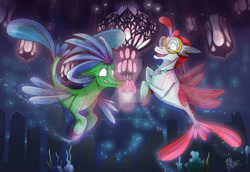 Size: 1280x880 | Tagged: safe, artist:mad--munchkin, oc, oc only, changeling, classical hippogriff, hippogriff, hybrid, seapony (g4), bubble, commission, coral, deviantart watermark, digital art, dorsal fin, fin wings, fins, fish tail, flowing tail, glowing, jewelry, looking at each other, looking at someone, male, necklace, obtrusive watermark, ocean, open mouth, seaponified, seaquestria, seaweed, signature, smiling, species swap, swimming, tail, teeth, underwater, water, watermark, wings