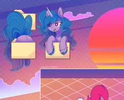 Size: 1576x1272 | Tagged: safe, artist:wavecipher, izzy moonbow, pony, unicorn, g5, aesthetics, butt, cute, folder, izzy moonbutt, izzybetes, now you're thinking with portals, open mouth, plot, portal, the new pinkie pie, vaporwave, webcore, wip