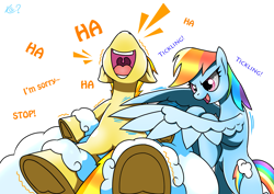 Size: 2159x1529 | Tagged: safe, artist:questionmarkdragon, rainbow dash, spitfire, pegasus, pony, g4, cute, female, fetish, laughing, mare, tickle fetish, tickle torture, tickling, underhoof, wing hands, wings