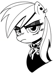 Size: 1072x1476 | Tagged: safe, artist:_ton618_, rainbow dash, pegasus, pony, g4, black and white, black eyeshadow, bust, clothes, ear piercing, eyeshadow, female, frown, goth, grayscale, lidded eyes, lineart, looking at you, makeup, mare, mascara, monochrome, piercing, simple background, solo, white background