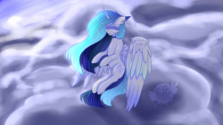 Size: 3265x1837 | Tagged: safe, artist:elektra-gertly, oc, oc only, alicorn, pony, 2018, alicorn oc, blindfold, female, horn, mare, old art, outdoors, solo, wings