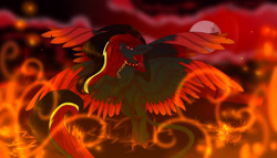 Size: 3239x1851 | Tagged: safe, artist:elektra-gertly, oc, oc only, demon, demon pony, pony, 2018, female, fire, flying, full moon, horns, laughing, mare, moon, old art, solo, spread wings, unshorn fetlocks, wings