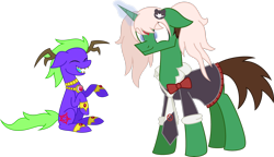 Size: 3227x1858 | Tagged: safe, artist:emc-blingds, oc, oc only, oc:frost d. tart, oc:midnight devilwitch, pony, unicorn, clothes, crossdressing, danganronpa, duo, jewelry, junko enoshima, laughing, mind control, possessed, simple background, skirt, transparent background, wide eyes