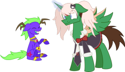 Size: 3227x1858 | Tagged: safe, artist:emc-blingds, oc, oc only, oc:frost d. tart, oc:midnight devilwitch, alicorn, pony, alicorn oc, clothes, crossdressing, danganronpa, duo, horn, jewelry, junko enoshima, laughing, mind control, possessed, simple background, skirt, transparent background, wide eyes, wings