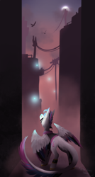 Size: 876x1629 | Tagged: safe, artist:thelazyponyy, oc, oc only, firefly (insect), insect, pegasus, pony, building, leonine tail, looking up, outdoors, pegasus oc, tail, wings