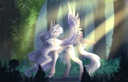 Size: 3110x1985 | Tagged: safe, artist:thelazyponyy, oc, oc only, alicorn, pony, alicorn oc, crepuscular rays, forest, horn, looking back, one wing out, outdoors, smiling, solo, wings