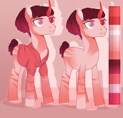 Size: 2494x2404 | Tagged: safe, artist:arina-gremyako, oc, oc only, pony, unicorn, clothes, curved horn, duo, heterochromia, high res, hoodie, horn, reference sheet, unicorn oc
