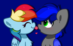 Size: 5064x3240 | Tagged: safe, artist:kittyrosie, rainbow dash, oc, pegasus, pony, g4, :p, blue background, blushing, canon x oc, commission, duo, eyes closed, floating heart, heart, licking, nose licking, open mouth, shipping, simple background, tongue out