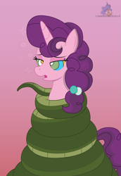 Size: 2059x3001 | Tagged: safe, artist:lunahazacookie, sugar belle, alicorn, pony, snake, unicorn, g4, coils, female, high res, hypno eyes, hypnosis, kaa eyes, mare, wrapping