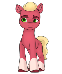 Size: 1689x2026 | Tagged: safe, artist:dancingkinfiend, derpibooru exclusive, sprout cloverleaf, earth pony, pony, g5, my little pony: a new generation, blonde, blonde hair, blonde mane, blonde tail, coat markings, colored hooves, eyebrows down, frown, green eyes, hooves, male, red fur, sad, simple background, socks (coat markings), solo, stallion, tail, transparent background, wavy hair, wavy mane, wavy tail