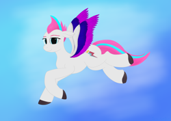 Size: 3508x2480 | Tagged: safe, artist:samenandsam, zipp storm, pegasus, pony, g5, my little pony: a new generation, colored wings, digital art, eyebrows, female, flying, high res, looking at you, mare, multicolored hair, multicolored wings, simple background, smiling, smiling at you, solo, spread wings, wings