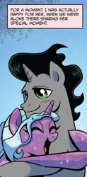 Size: 604x1223 | Tagged: safe, artist:brenda hickey, idw, official comic, king sombra, radiant hope, crystal pony, pony, unicorn, g4, my little pony: fiendship is magic, spoiler:comic, blushing, duo, english, female, hug, male, mare, stallion, younger