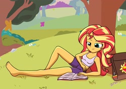 Size: 3856x2725 | Tagged: safe, artist:durdevul, sunset shimmer, butterfly, human, insect, equestria girls, bag, bare shoulders, barefoot, book, clothes, compression shorts, eyebrows, feet, female, grass, happy, high res, long hair, outdoors, park, reading, relaxed, shorts, sleeveless, smiling, solo, tanktop, tomboy, tree, turquoise eyes, two toned hair, yellow skin