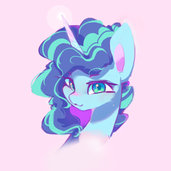Size: 1442x1442 | Tagged: safe, artist:rainsketch, misty brightdawn, pony, unicorn, g5, bust, curly hair, female, mare, portrait, simple background, solo