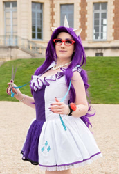 Size: 1024x1485 | Tagged: safe, artist:angelangelyss, rarity, human, g4, clothes, cosplay, costume, cutie mark on clothes, glasses, irl, irl human, jewelry, measuring tape, necklace, pearl necklace, photo, pincushion, rarity's glasses, scissors, solo