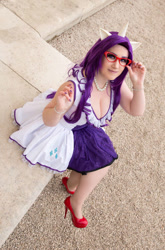 Size: 726x1100 | Tagged: safe, artist:angelangelyss, rarity, human, g4, breasts, cleavage, clothes, cosplay, costume, cutie mark on clothes, glasses, high heels, irl, irl human, jewelry, necklace, pearl necklace, photo, rarity's glasses, shoes, solo