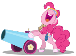 Size: 979x720 | Tagged: safe, artist:gratlofatic, edit, editor:pagiepoppie12345, pinkie pie, earth pony, pony, g4, bag, bipedal, bipedal leaning, cannon, clothes, dusk till dawn, female, goggles, leaning, mare, nose in the air, open mouth, party cannon, saddle bag, scarf, shadow, simple background, smiling, socks, transparent background, uvula, volumetric mouth