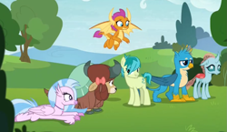 Size: 1121x649 | Tagged: safe, screencap, gallus, ocellus, sandbar, silverstream, smolder, yona, changedling, changeling, classical hippogriff, dragon, earth pony, griffon, hippogriff, pony, yak, g4, non-compete clause, season 8, bow, cloven hooves, colored hooves, cropped, cute, diaocelles, diastreamies, dragoness, female, gallabetes, hair bow, jewelry, lying down, male, monkey swings, necklace, prone, sandabetes, smolderbetes, student six, yonadorable