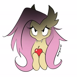 Size: 2048x2048 | Tagged: safe, artist:katputze, fluttershy, bat pony, pony, g4, apple, bat ponified, bust, fangs, female, flutterbat, food, high res, mare, race swap, signature, simple background, solo, white background