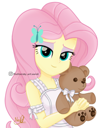 Size: 836x1056 | Tagged: safe, artist:fluttershy_art.nurul, fluttershy, butterfly, human, equestria girls, art, beautiful, beautiful eyes, beautiful hair, bedroom eyes, brown, clothes, cute, dress, eyelashes, eyeshadow, fanart, green eyes, looking at you, makeup, paw pads, pink eyeshadow, pink hair, plushie, shyabetes, signature, simple background, smiling, smiling at you, solo, tape, teddy bear, white, white background, white dress, woman, yellow skin