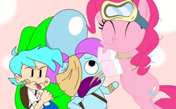 Size: 612x380 | Tagged: safe, artist:fasttoon, pinkie pie, earth pony, human, pony, g4, ^^, among us, bandage, boyfriend, clothes, crewmate, disgusted, dusk till dawn, eyes closed, female, friday night funkin', goggles, hair bun, kissing, male, mare, scared, scarf, socks, tongue out, youtube link